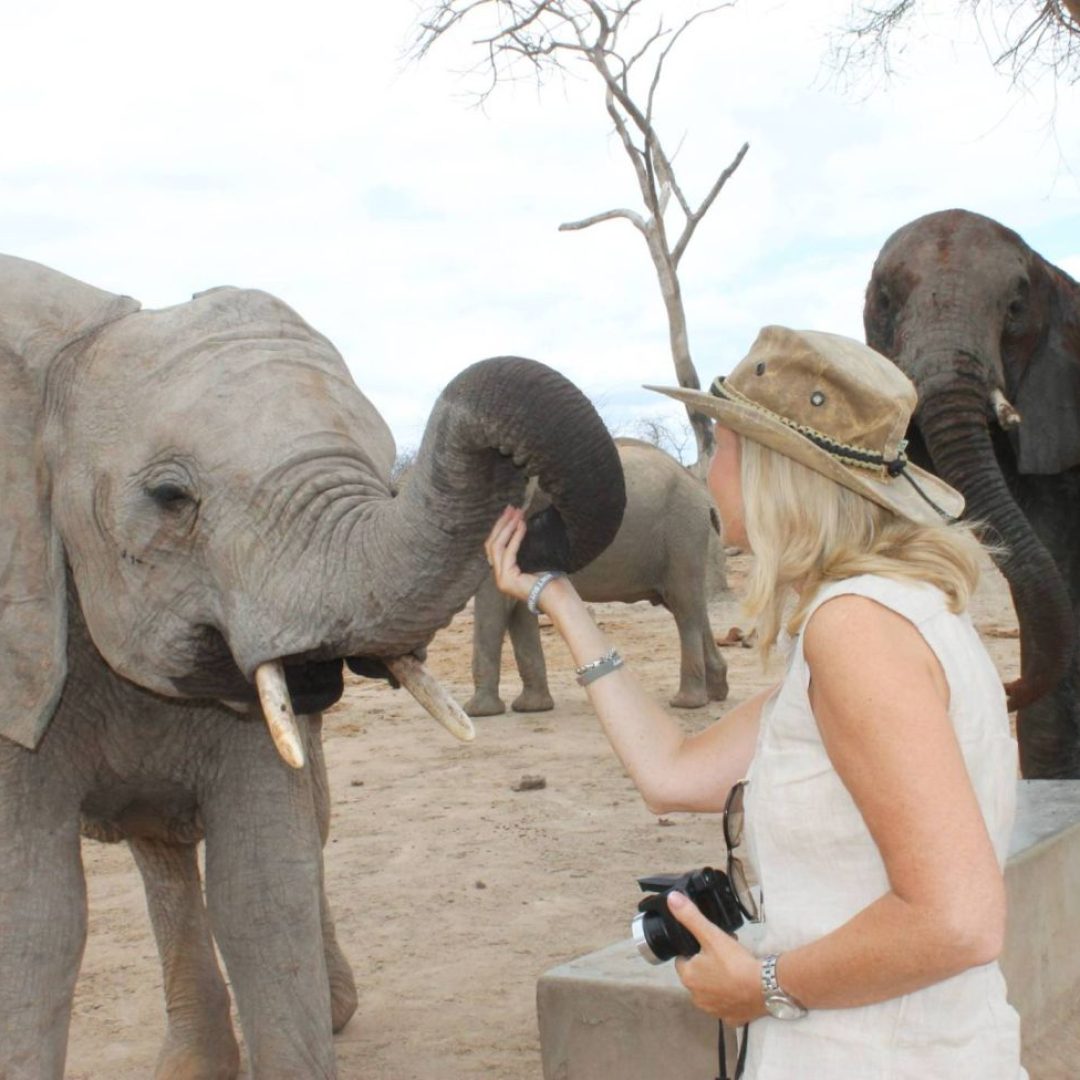 Beverly playing with an elephant at the elephant orphanage kenya